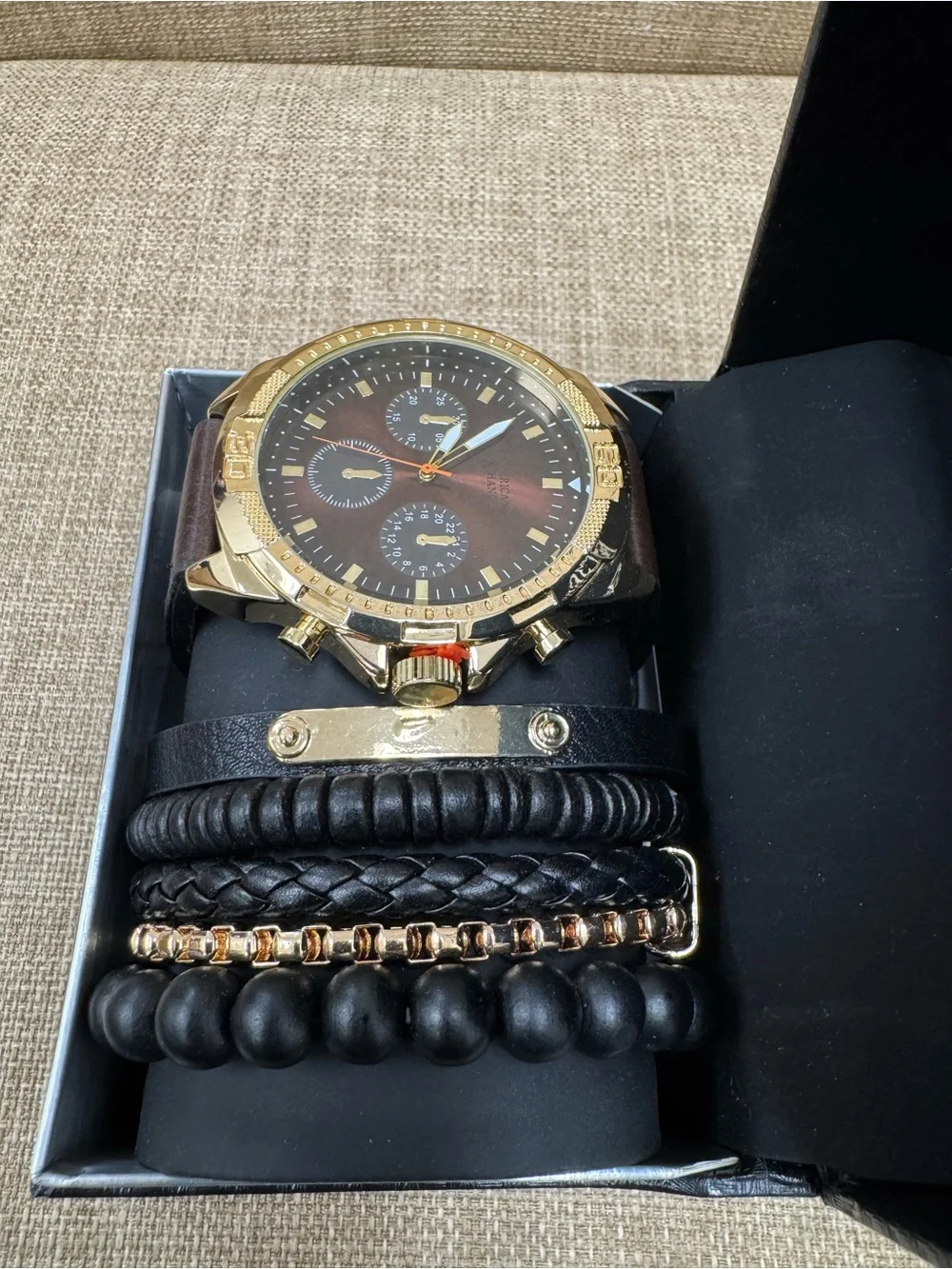 American Exchange Men’s Quartz Analog-Digital Watch Blue Leather Strap Gold Box